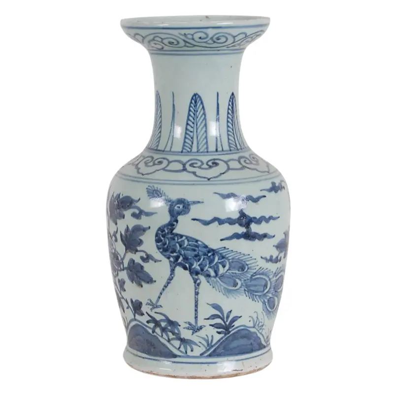 14-Inch Foot-Stomped Blue-And-White Peacock Vase 1