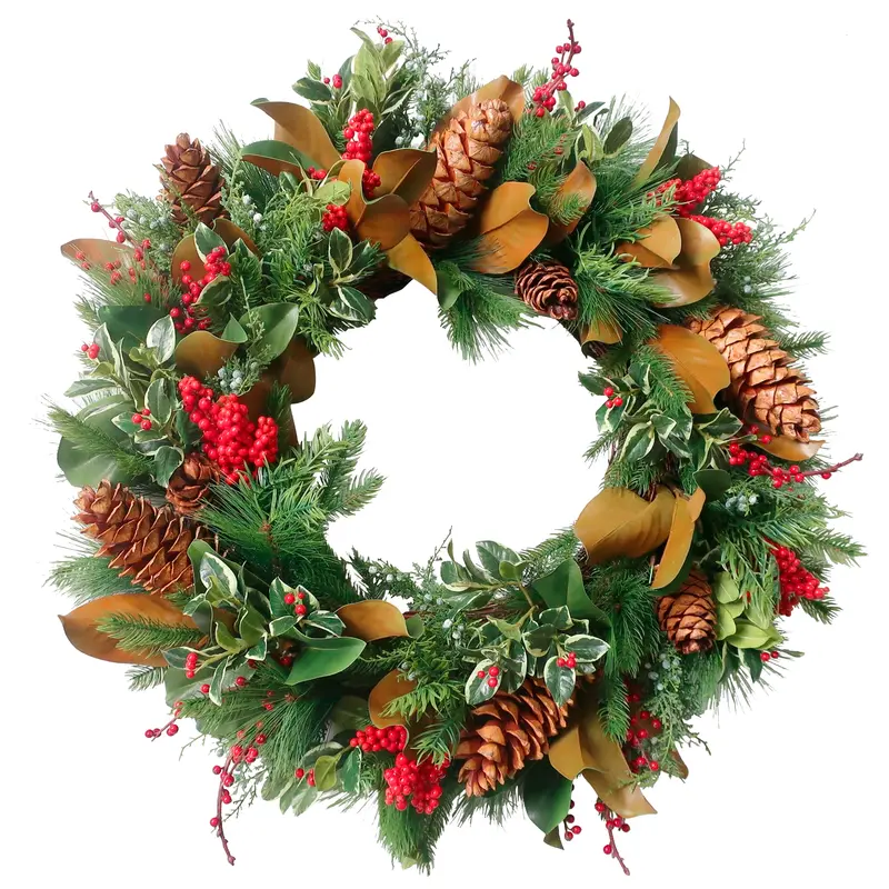 32-Inch Mixed Pine And Holly Wreath 1