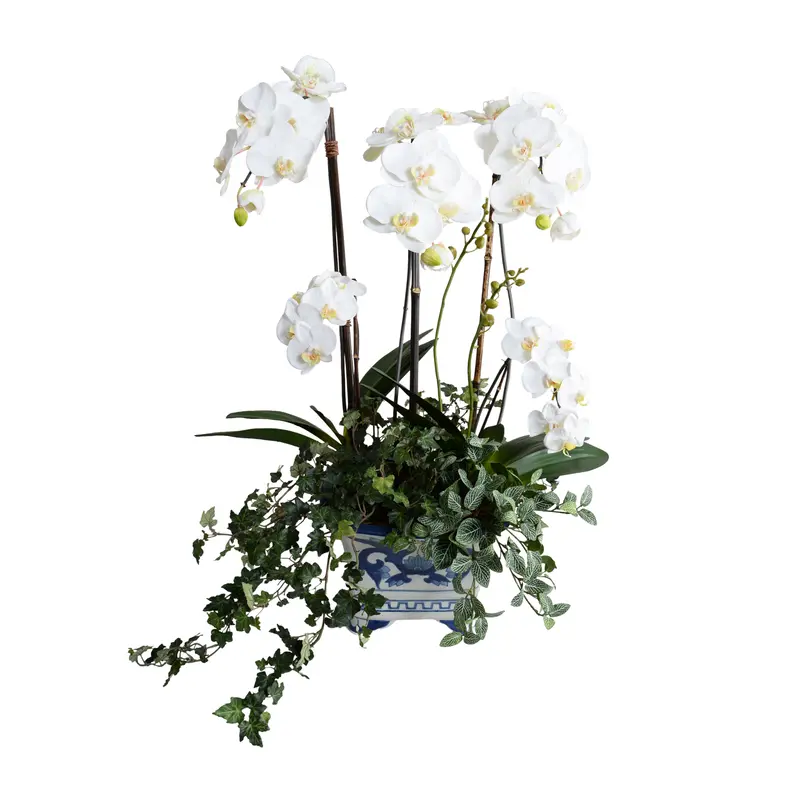 34-Inch Faux Phalaenopsis Orchid Arrangement With Vines In Blue-And-White Ceramic Vase 1