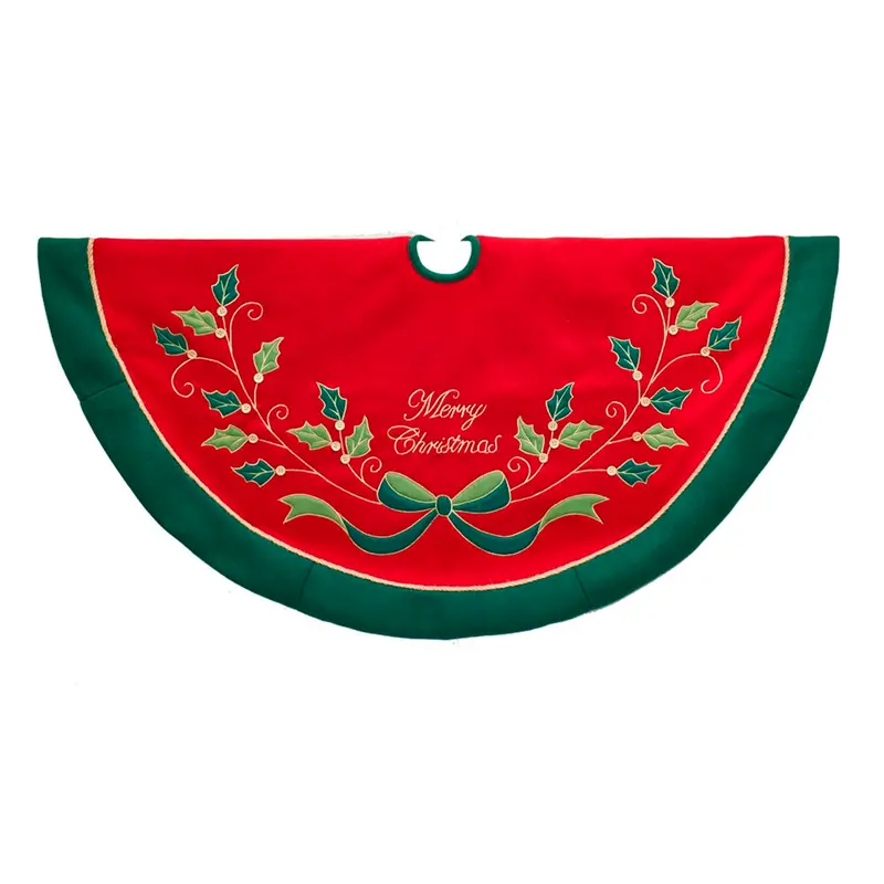 48-Inch Traditional Red And Green Tree Skirt Featuring Holly Accents 1