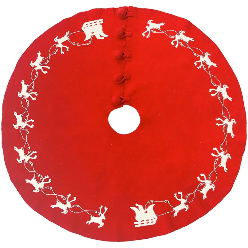 72-Inch Reindeer-Themed Tree Skirt – Cream Wool Felt On Red Backing 1