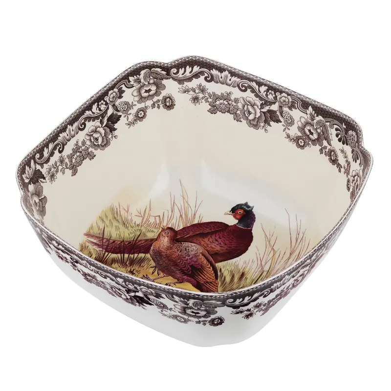9.5-Inch Woodland Deep Square Serving Bowl – Pheasant Pattern 1