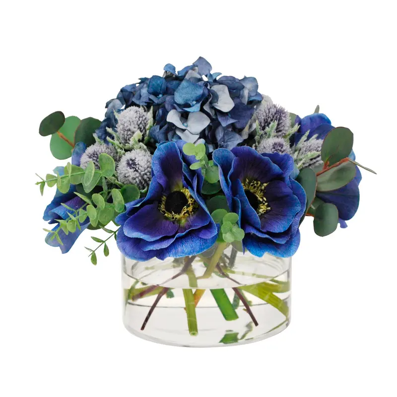 Anemone And Thistle Bouquet In Clear Glass Vessel – 9-Inch Height 1