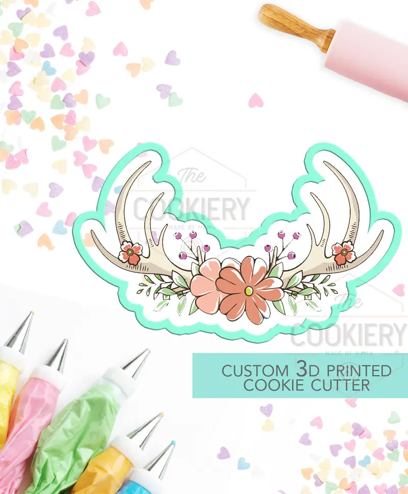 Antler Cookie Cutter With Floral Details – Boho-Chic & Rustic Baking Template – 3D Printed (Tck42100) 1