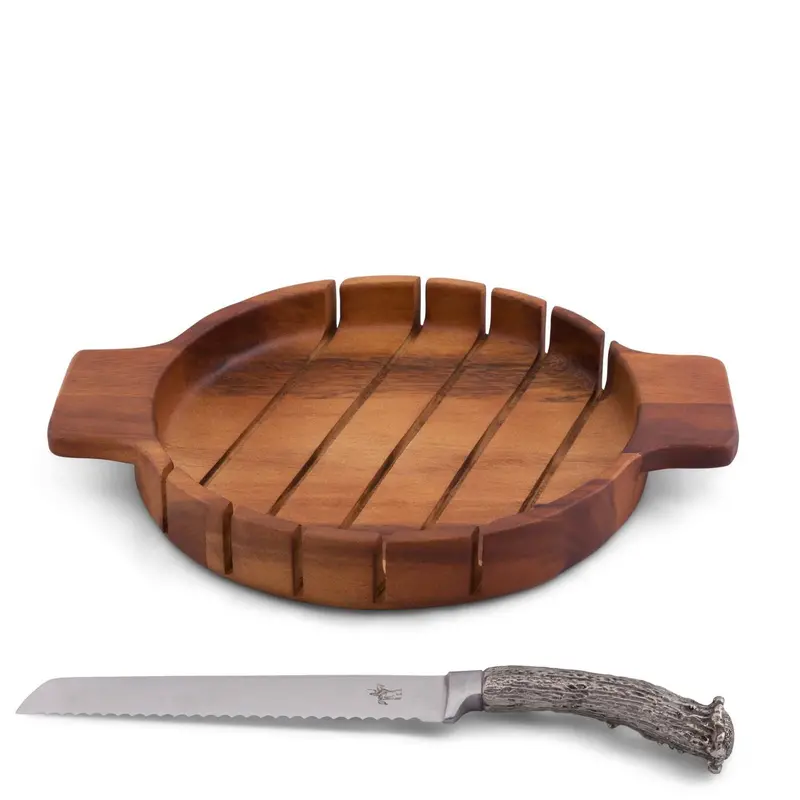 Antler-Handled Round Wooden Bread Board 1