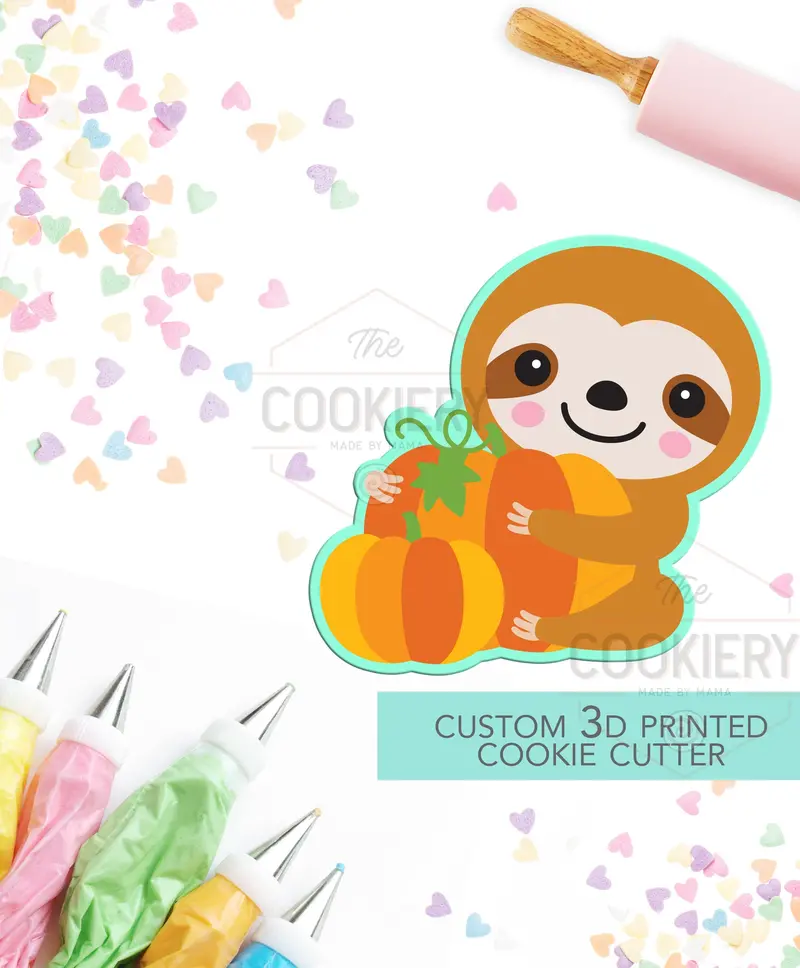 Autumn Sloth Cookie Cutter – Pumpkin-Carrying Sloth Silhouette – Festive Thanksgiving Baking Shape 1