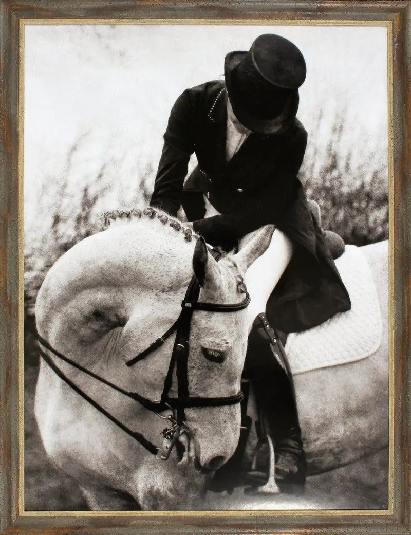 Black-And-White Equestrian Dressage Art – Horse And Rider Wall Print With Gold Accent Frame 1
