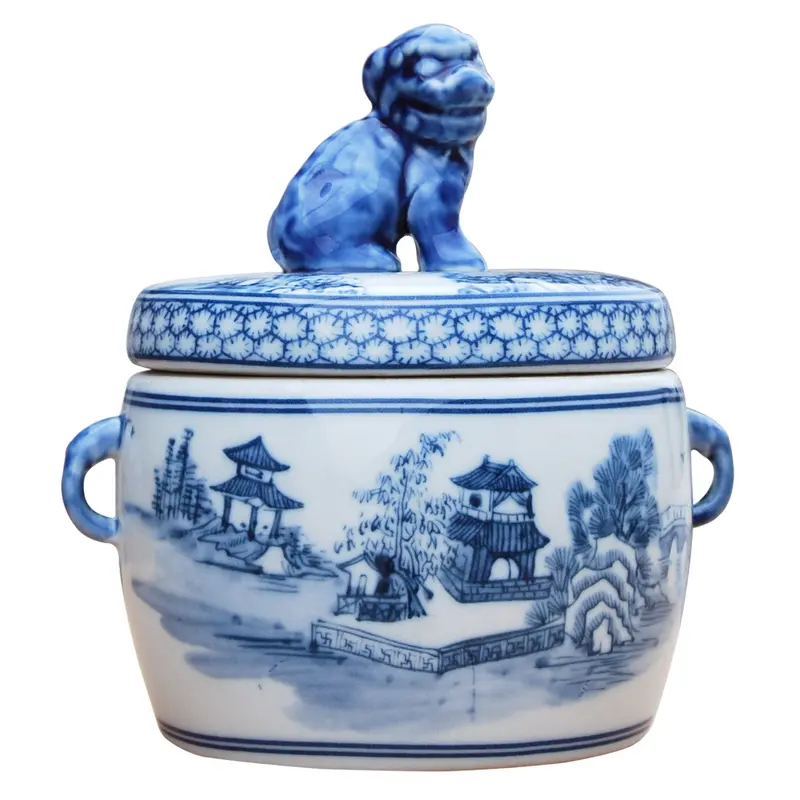 Blue-And-White Canton Foo Dog Candy Jar In Porcelain 1