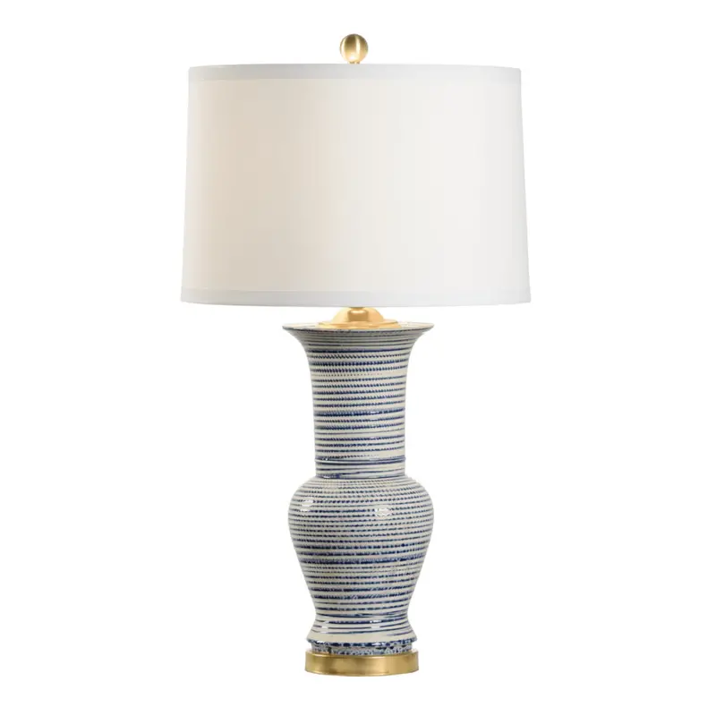Blue-And-White Striped Ceramic Urn Lamp With Linen Shade 1