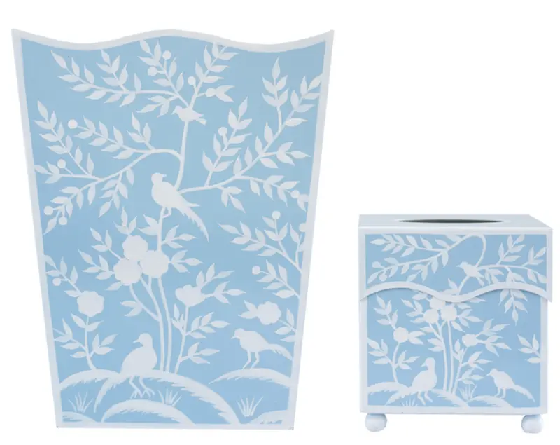Blue Bird-And-Vine Tissue Box Holder And Wastebasket Set 1