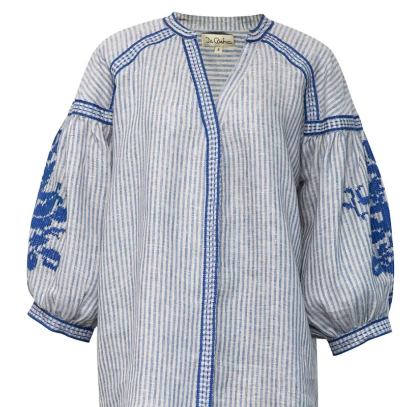 Blue Embroidered Stripe Blouse – Artisan-Crafted Top 1