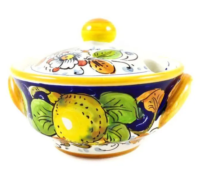 Borgioli Lemons Blue Ceramic Sugar Bowl 1