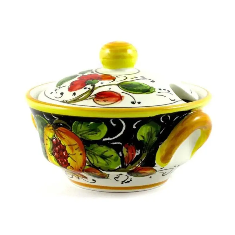 Borgioli Pomegranate-On-Black Sugar Bowl – Lidded Ceramic Container 1