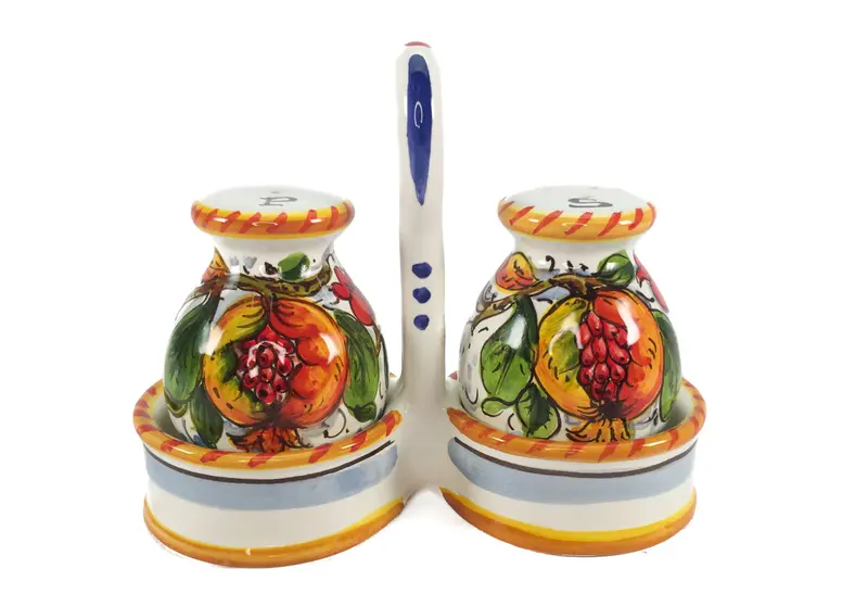 Borgioli Pomegranate Salt & Pepper Set With Caddy – White Ceramic Condiment Holder 1