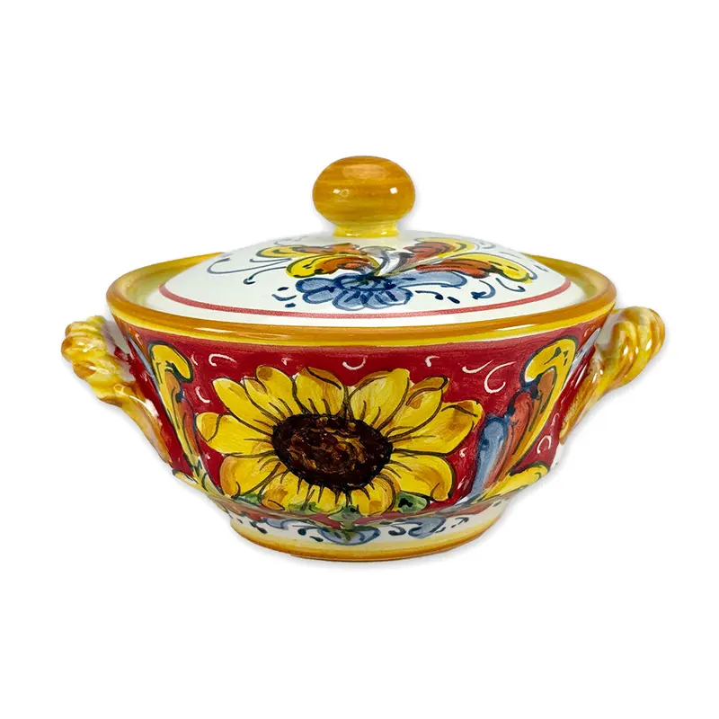 Borgioli Sunflower-On-Red Ceramic Sugar Bowl – Hand-Painted 1