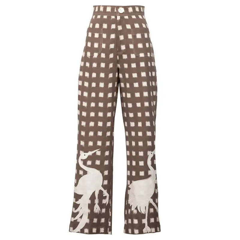 Brown Embroidered Picnic-Style Trousers 1