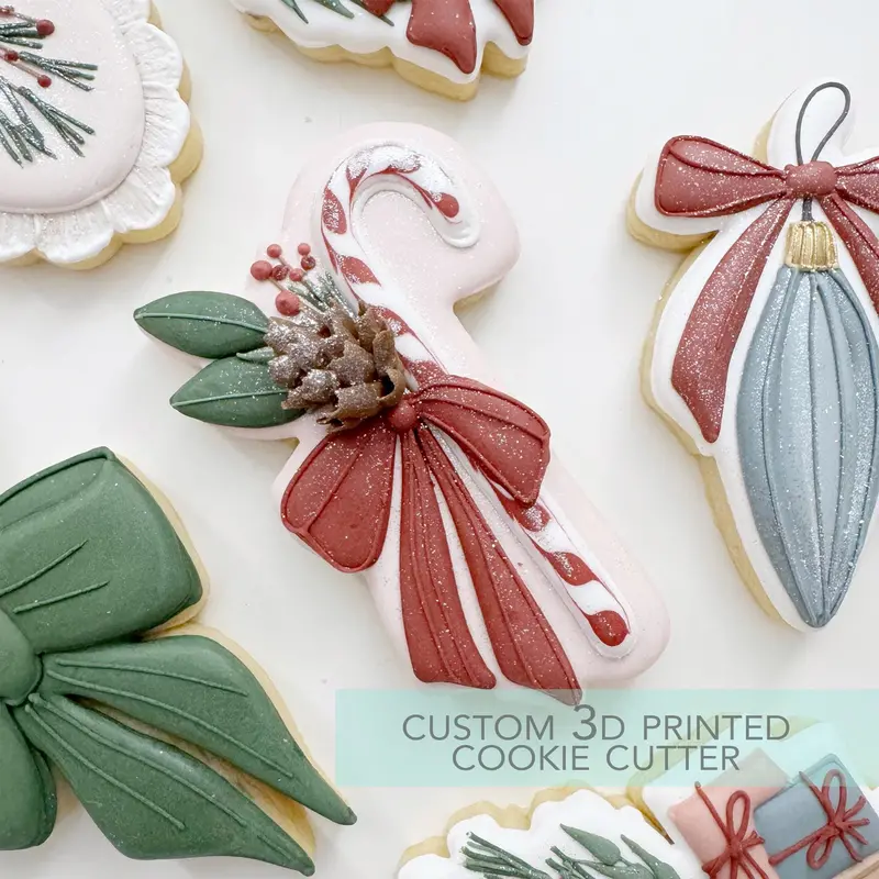 Candy Cane Cookie Cutter With Bow And Fresh Greenery Accents – Festive 3D-Printed Mold 1