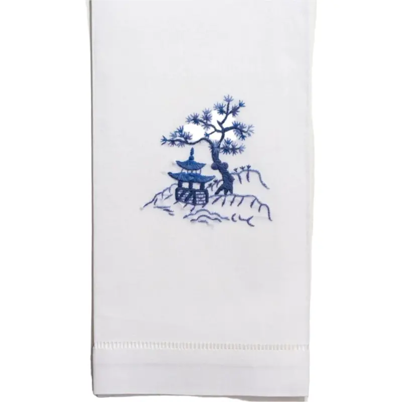 Canton Blue Embroidered Hand Towels – Traditional Blue-Chinoiserie Linens 1