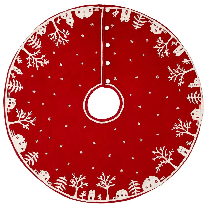 Cotton Christmas Tree Skirt With Village Motif – Red Holiday Decor, 60 Inches 1