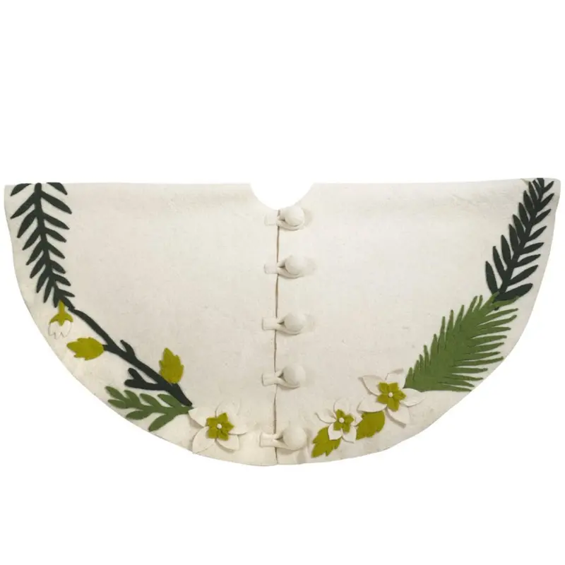 Cream Christmas Tree Skirt With Greenery Trim – Handcrafted Fabric Design 1