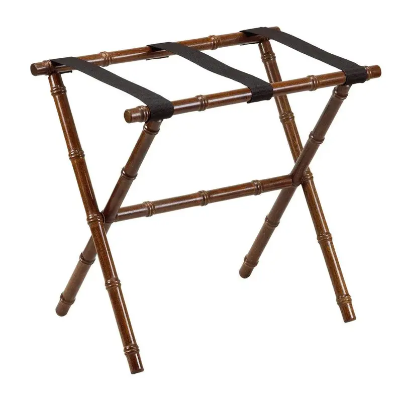 Dark Walnut Bamboo-Effect Luggage Rack With Three Black Nylon Straps 1