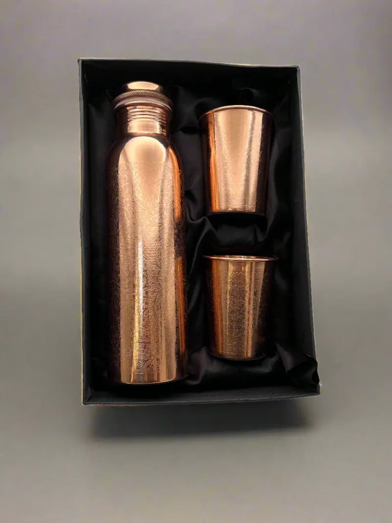 Designer Pure Copper Bottle With Matching Glass Set – Stylish Hydration Duo 1