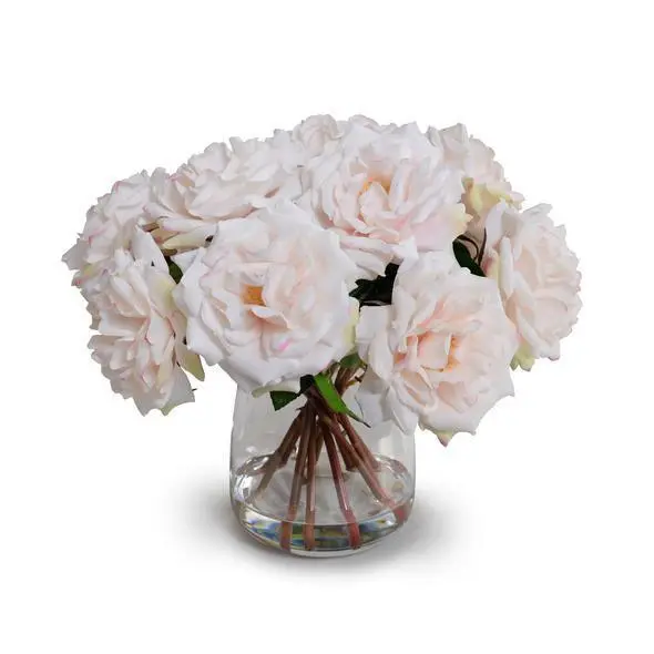 Elegant Light Pink Silk Rose Bouquet Arranged In Clear Glass Vase 1