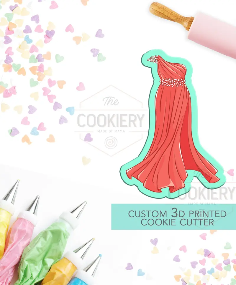 Evening Gown Cookie Cutter – Off-The-Shoulder Bridesmaid Dress Baking Shape – 3D-Printed Fashion Detail (Tck26129) 1