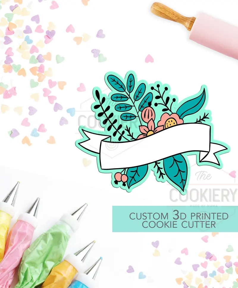 Floral Banner Cookie Cutter – Elegant Flower-And-Text Design 1