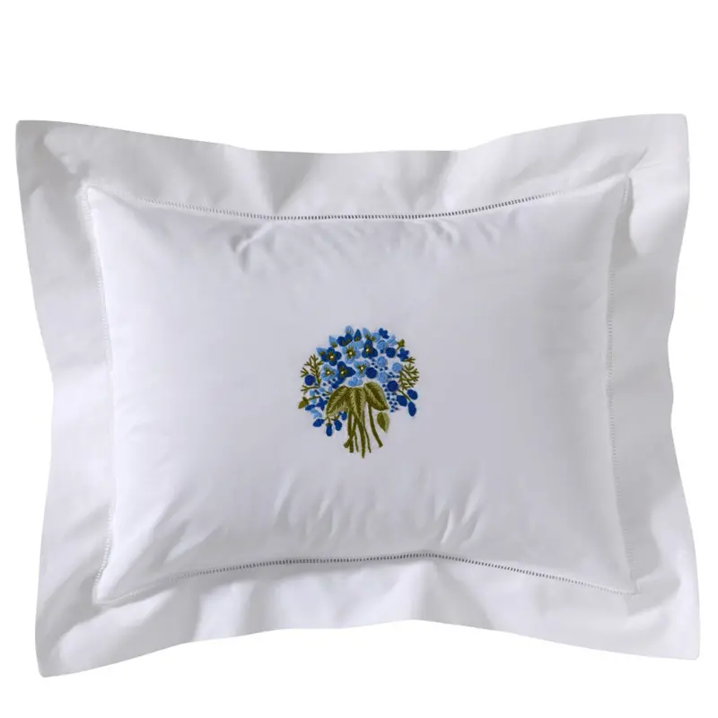 Floral Bouquet Blue Boudoir Pillow Cover With Hemstitch Embroidery 1