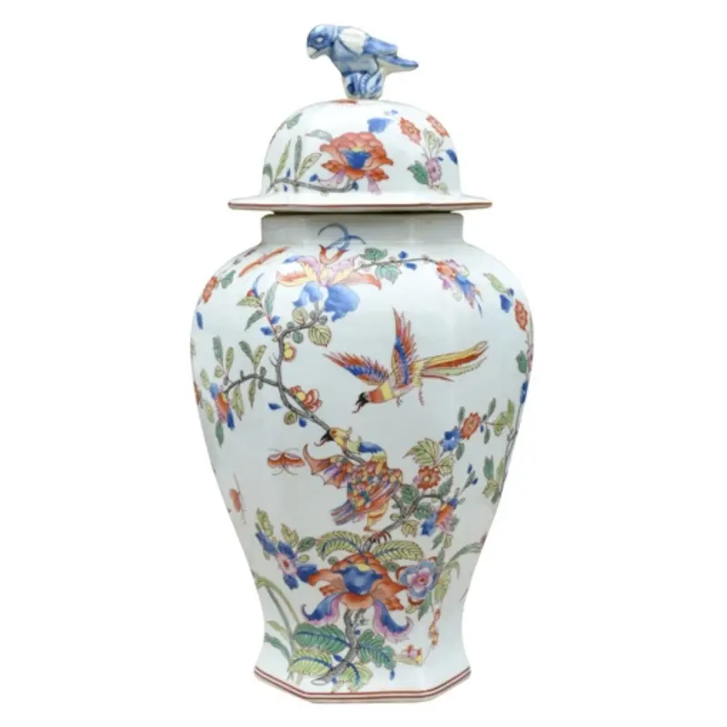 Floral-Decorated Porcelain Lidded Hexagonal Jar 1