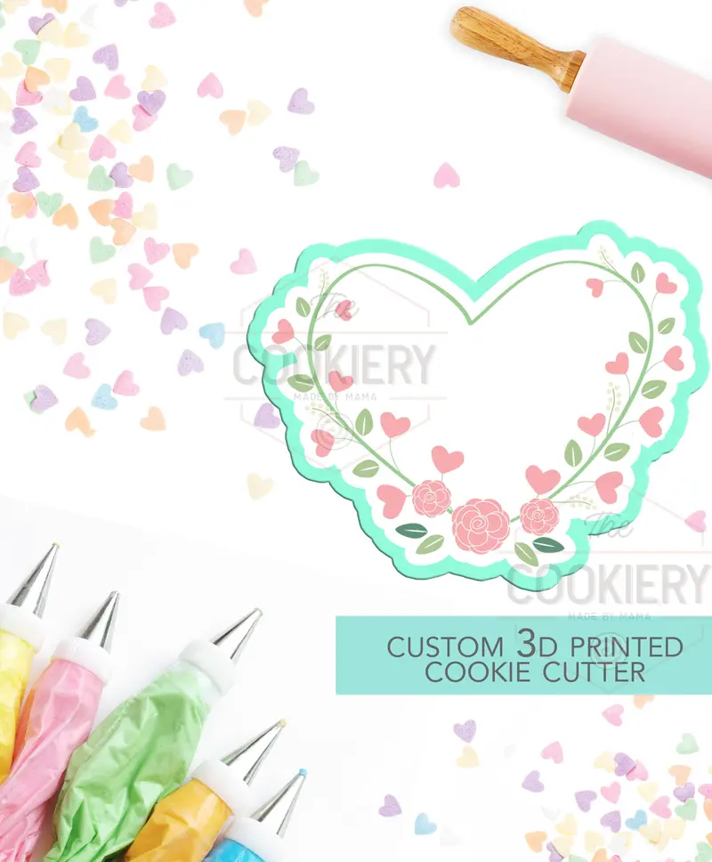 Floral Heart Plaque Cookie Cutter – Vintage Frame & Romantic Design 1