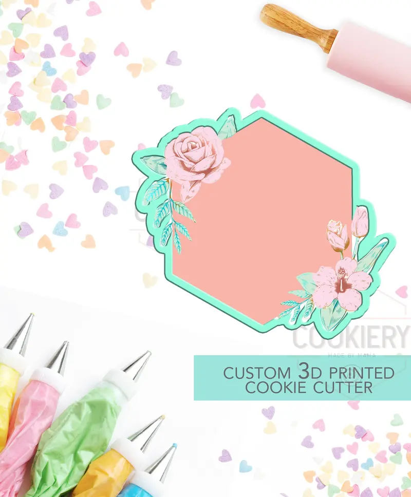 Floral Hexagon Plaque Cookie Cutter – Vintage-Inspired Framed Botanical Shape 1