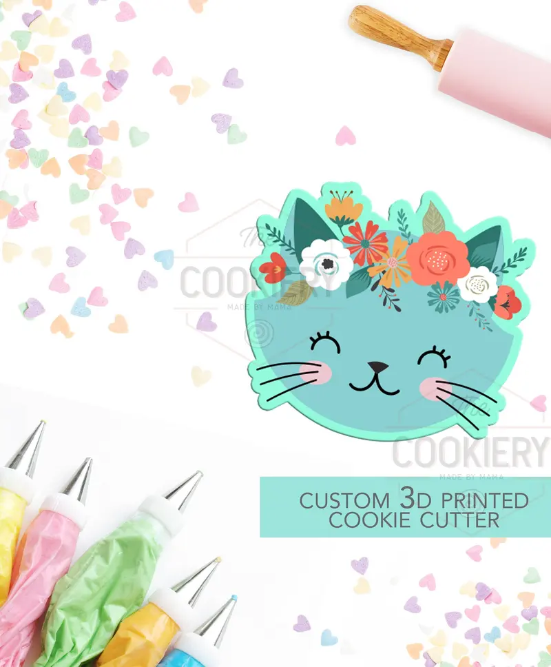 Floral Kitten Cookie Cutter – Delicate Cat-And-Flowers Design For Spring Or Gift Cookies 1