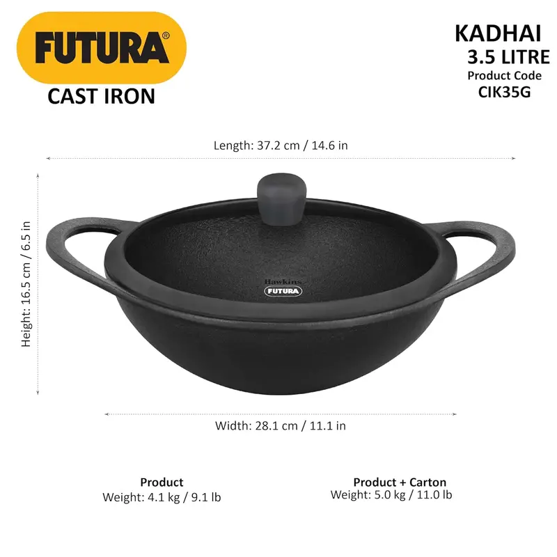 Futura Cast Iron Kadai – 3.5 Litre With Heat-Resistant Glass Lid 1