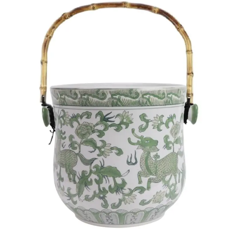 Green-And-White Bamboo-Handle Stainless Steel Ice Bucket 1