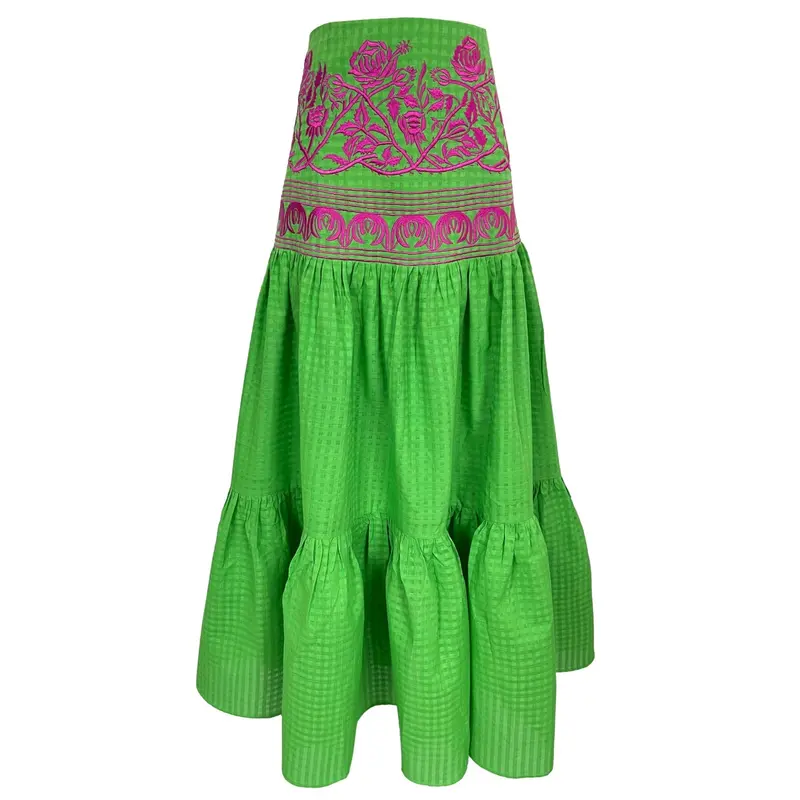 Green Espina Skirt With Pink Embroidered Detail 1