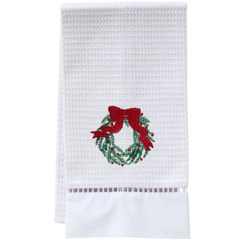 Green Wreath–Printed Waffle-Weave Guest Towel 1