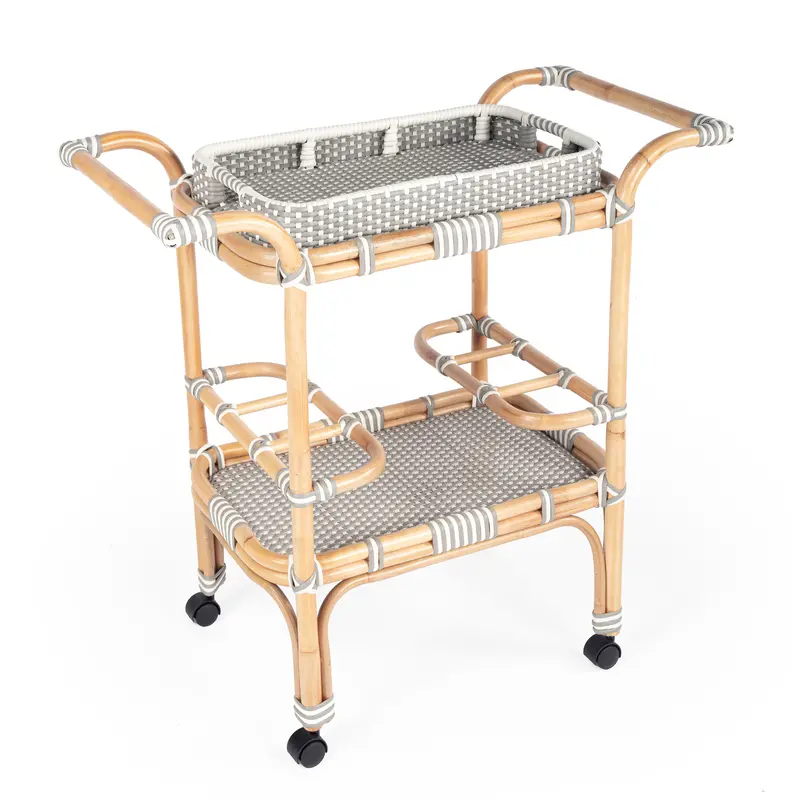 Grey And White Woven Rattan Serving Cart With Casters 1