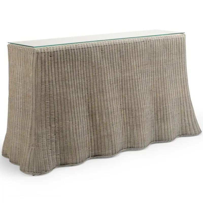 Grey-Washed Wicker Console Table With Scalloped Wave Design 1