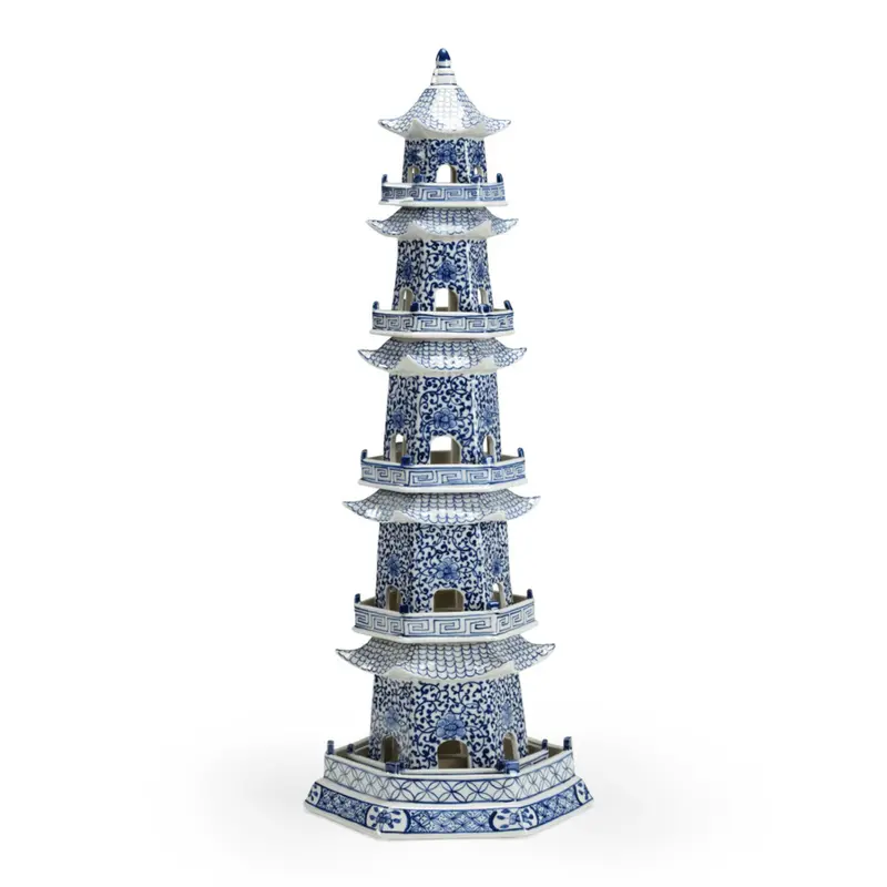 Hand-Painted Blue-And-White Canton-Style Pagoda Ceramic Sculpture 1