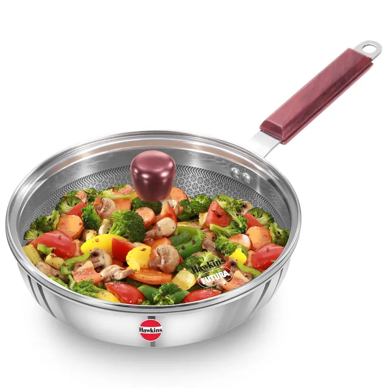 Hawkins Nonstick 22Cm Fry Pan – Triply Stainless Steel With Rosewood Handle & Glass Lid 1