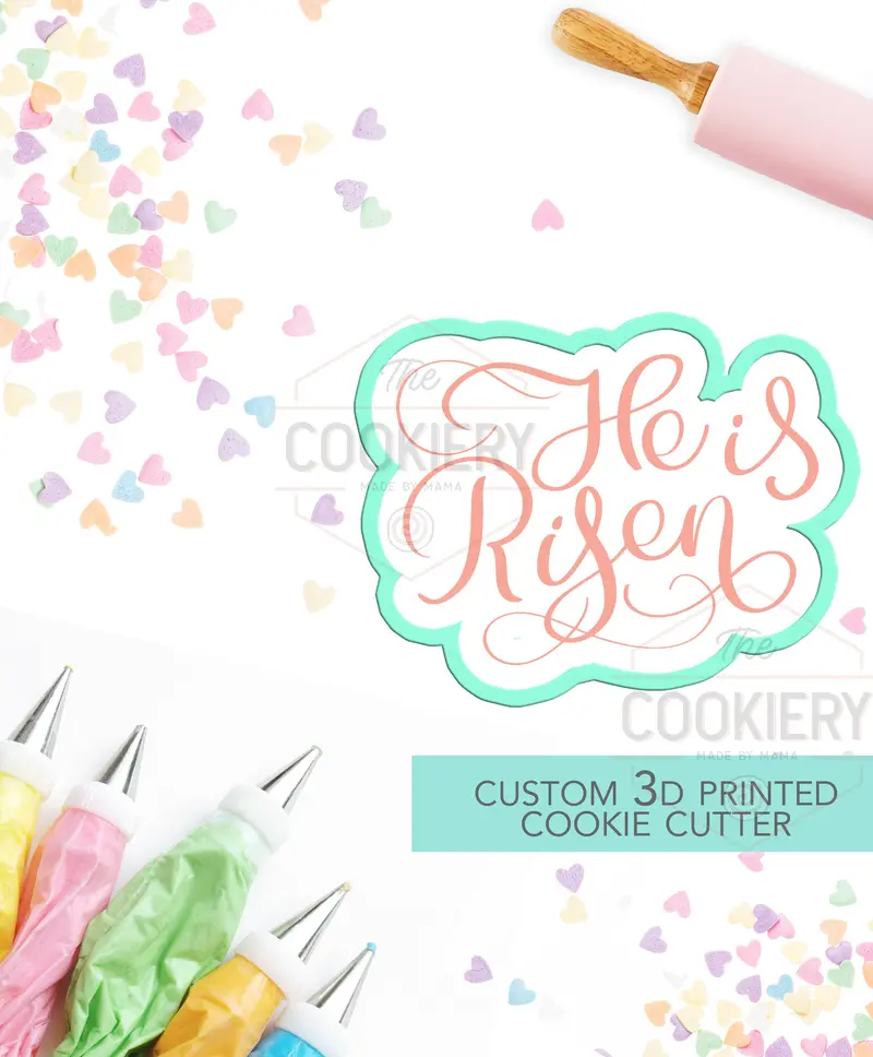 ‘He Is Risen’ Easter Calligraphy Cookie Cutter – Faith-Inspired 3D Printed Baking Stencil 1
