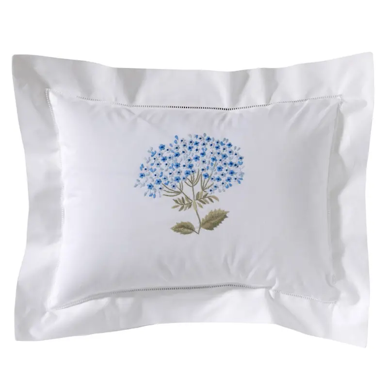 Hydrangea Blue And Sage Embroidered Boudoir Pillow Cover With Hemstitch Edge 1