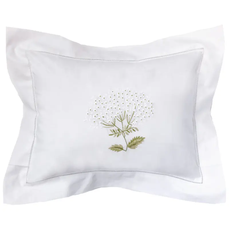 Hydrangea White Embroidered Boudoir Pillow Cover With Hemstitch Border 1