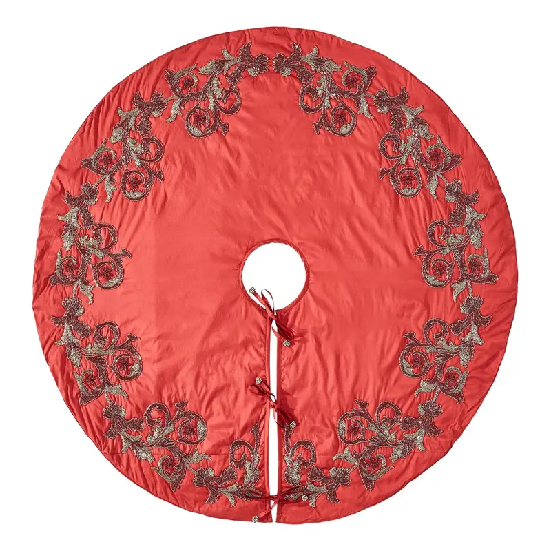 Imperial-Style Beaded Christmas Tree Skirt – Elegant Red Design, 60" Diameter 1