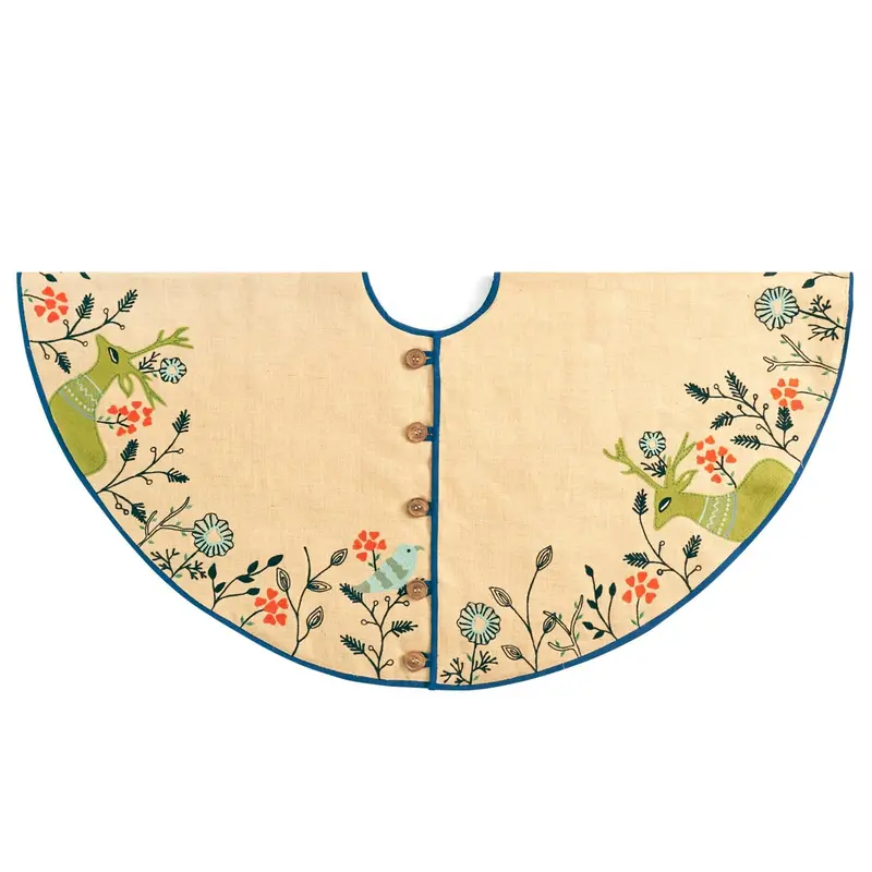 Jute Christmas Tree Skirt – Forest Scene Embroidery, 60" Diameter 1