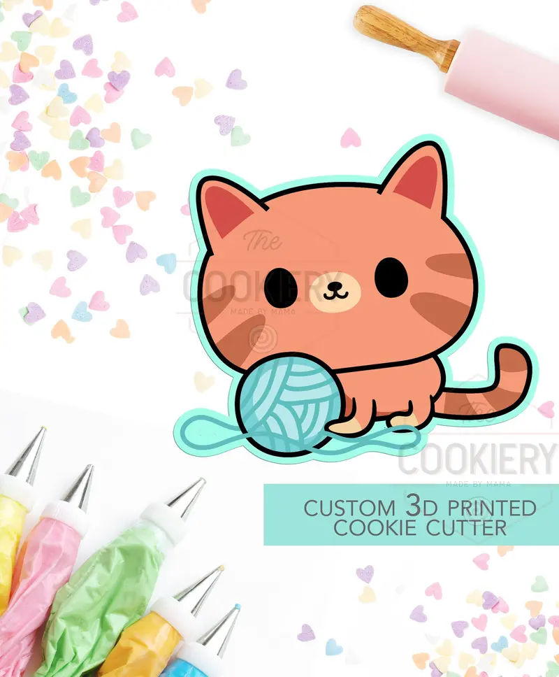 Kitten With Yarn Cookie Cutter – Cute Feline-Inspired 3D Printed Mold 1