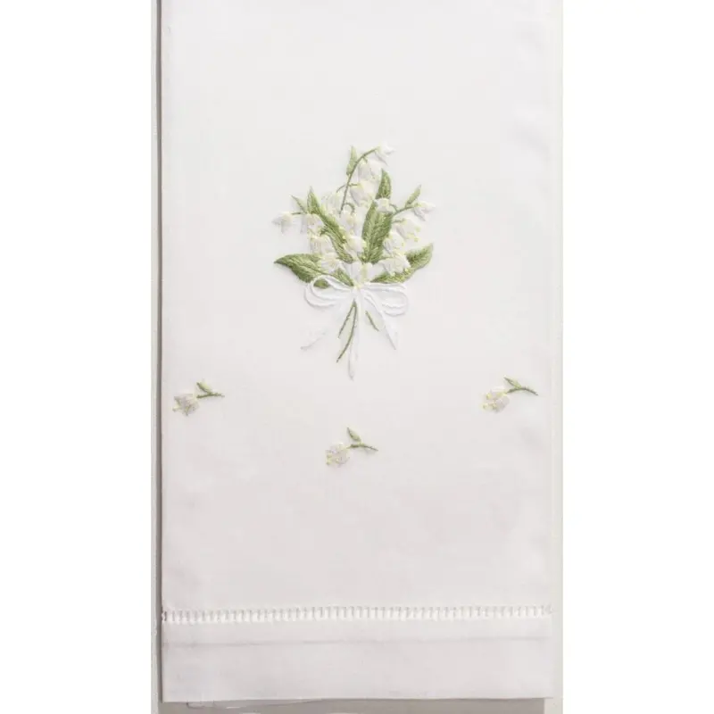 Lily Of The Valley Embroidered White Cotton Hand Towels 1