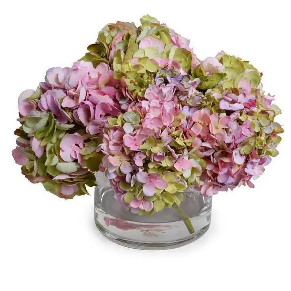 Lush Pink And Green Silk Hydrangea Arrangement In Transparent Glass Vase 1